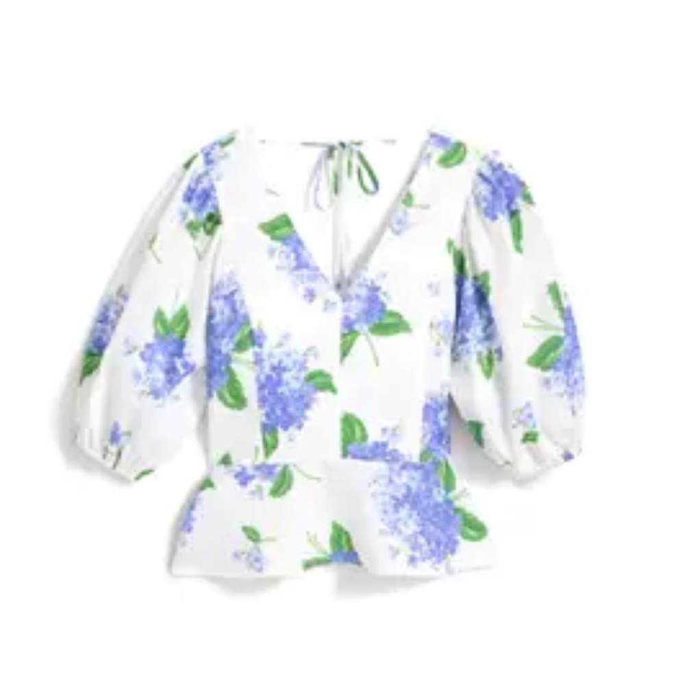 Draper James White and Blue Hydrangea print  Puff Sleeve Peplum Blouse 0